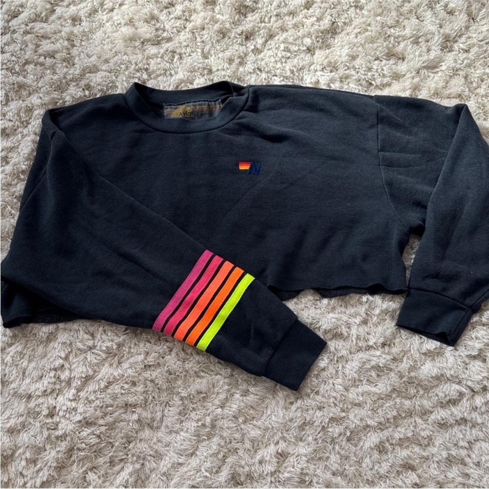 Black Cropped Aviator Nation Sweatshirt with Neon Stripe Sleeve